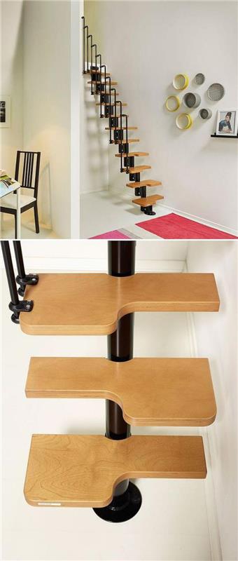 moduliniai laiptai su žingsniais, skirtais sutaupyti vietos taupančių laiptų konstrukcijų