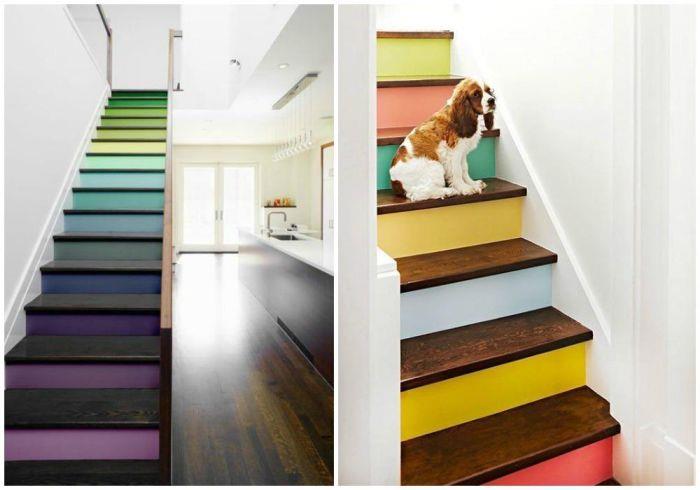 dvižni vodi, pobarvani v različnih barvah v lepem kontrastu z lakiranimi lesenimi stopnicami za energijo