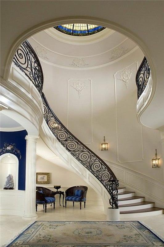 ketvirčio posūkio laiptai šiuolaikiniame ir moderniame interjere su pilku kilimu-retro-prašmatnus stilius