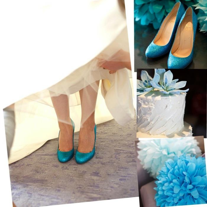 kadınlar için düğün ayakkabıları, düğün ayakkabıları, düğün pompaları, turkuaz mavisi pullar, yuvarlak burun, fildişi detaylı beyaz elbise