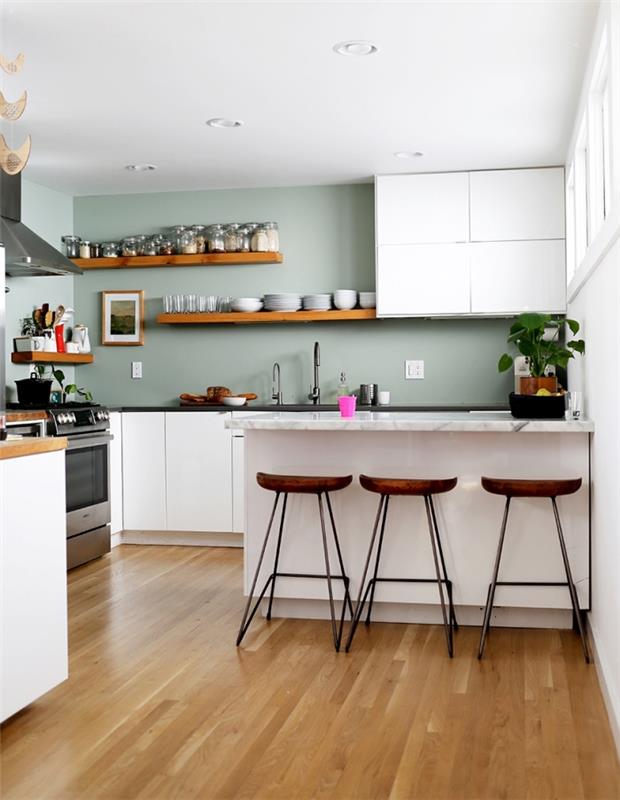 zamislite, kako okrasiti kuhinjo s stenami zelenega odtenka celadon z belim pohištvom in poudarki iz temnega lesa