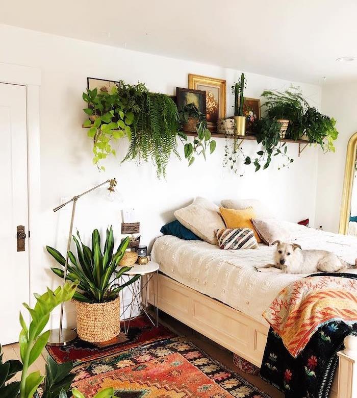boemska posteljnina, hipi elegantna preproga, polica nad posteljo preobremenjena z zelenimi rastlinami, zelena rastlina v pletenem loncu