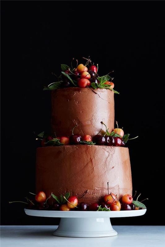 Šokoladinis gimtadienio tortas šokoladinis gimtadienio tortas su sluoksniais, papuoštas vyšniomis, skanus gimtadienio tortas daugybei svečių