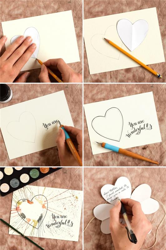 žingsnis po žingsnio „scrapbooking“ atvirukas, kaip nupiešti lengvą širdį akvarelės raštais, kaligrafijos raidės meilei