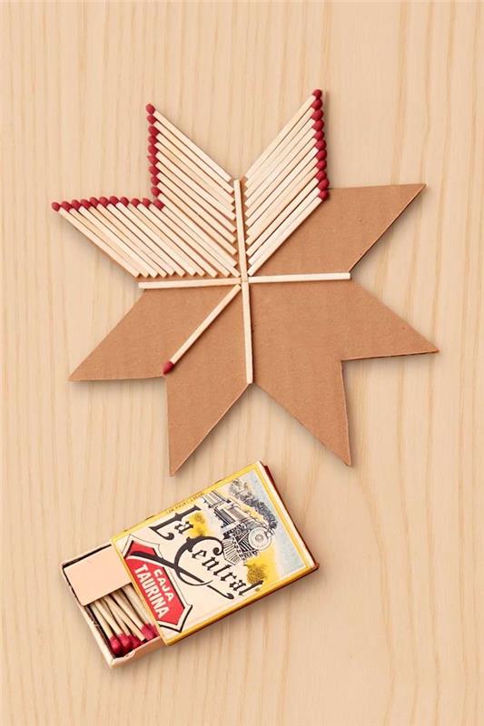 degtukai medinei Kalėdų žvaigždei papuošti, originali medinė Kalėdų dekoravimo idėja pasigaminti patiems