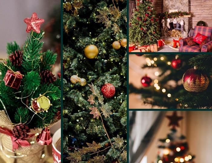 klasik moda Noel ağacı dekorasyonu, kırmızı parıltılı yıldız ve küçük çam kozalakları ile süslenmiş mini ağaç