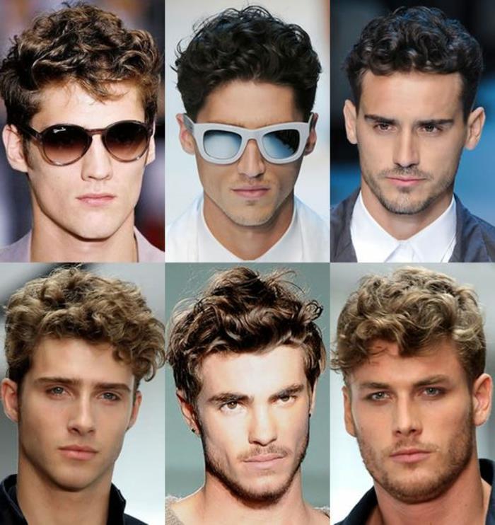 še šest primerov odbitkov za kodraste lase, ki jih nosijo blondinke in rjavolasci, nekateri nosijo sončna očala, nekateri s strnišči, drugi jasno obrito