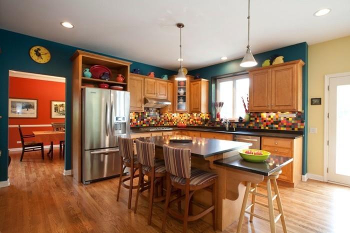 mükemmel fikir-boya-renk-yağ-mavi-mutfak-ahşap-mutfak-mobilya-çok renkli-fayans