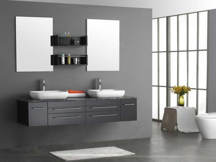 puikus pasiūlymas-vonios kambarys-pilka spalva-dviguba kriauklė-prie-stovi-du veidrodžiai-berėmis-deisgn-rafinuotas-estetinis