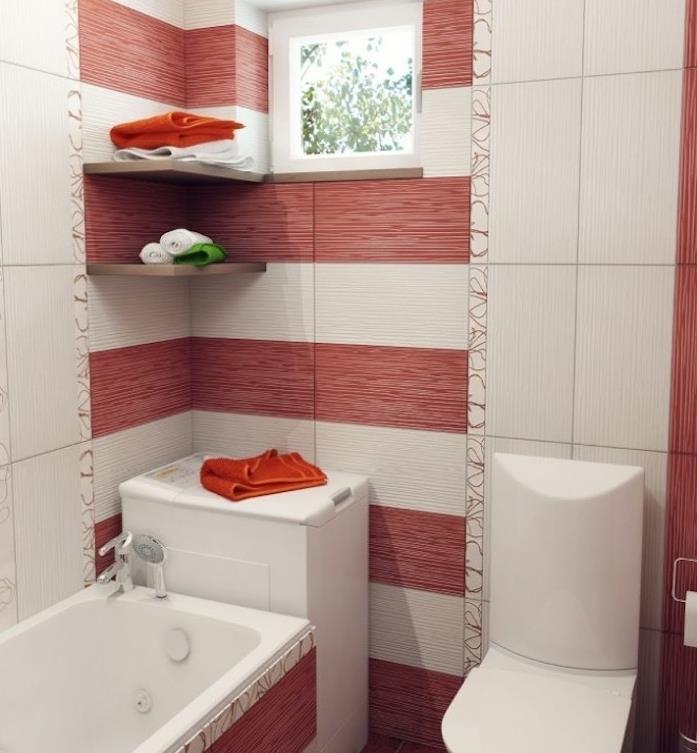 küçük beyaz köşe banyo dolabı, kırmızı ve beyaz banyo fayansları, küçük küvet ve beyaz wc