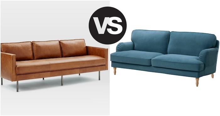 dizaino sofos, odinės sofos ir mėlyno audinio sofos pavyzdys, idėja, kaip įrengti savo svetainę