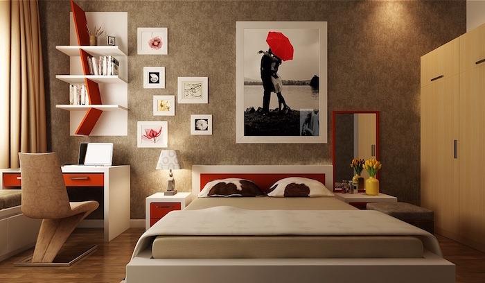 taupe ve beyaz yatak odası goblen bej kırmızı dekor