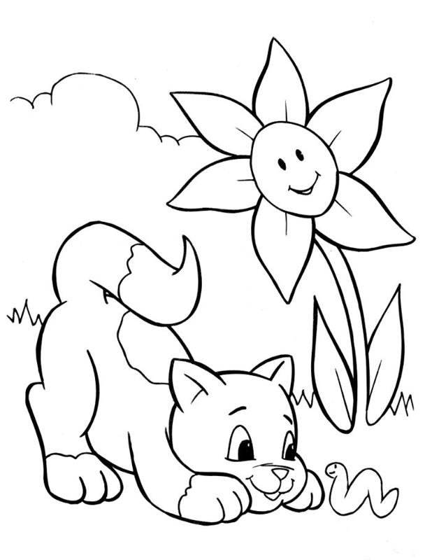 pobarvanka mačka, polž in cvet, pomladna pokrajina z živalmi in cvetjem za tiskanje za barvanje