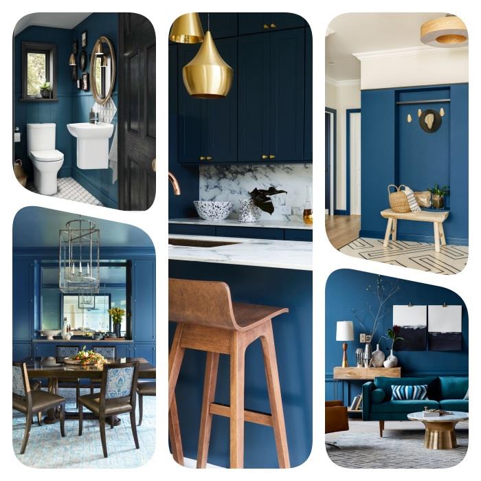ideje za dekoracijo doma v modri barvi, modra kuhinja, kopalnica, hodnik in jedilnica
