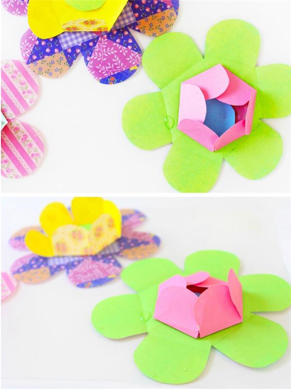 origami katlanır kağıt çiçekler, yeşil ve rengarenk çiçekler, içinde bir yaprak merkezi katlanmış nasıl yapılır