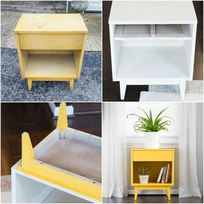 zamisel, kako prilagoditi omarico z rumeno barvo, majhno shrambo s predalom za knjige in rastline