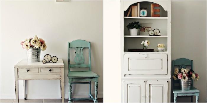 baldai patina, balta patinuota konsolė ir indauja, sendinta melsvai žalia kėdė, gėlių puokštė ir prašmatni senovinė puošmena