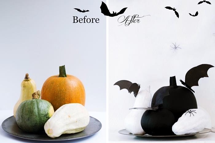 Helovino vakarėlio dekoraciją lengva pasigaminti patiems, moliūgų ir moliūgų modeliai, nudažyti balta ir juoda spalvomis
