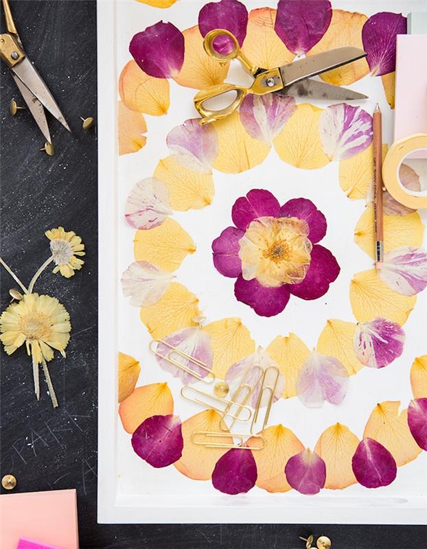 yetişkinler için çiçek yaprakları ile beyaz servis tahtası manuel aktivite fikri, hızlı ve kolay kendin yap