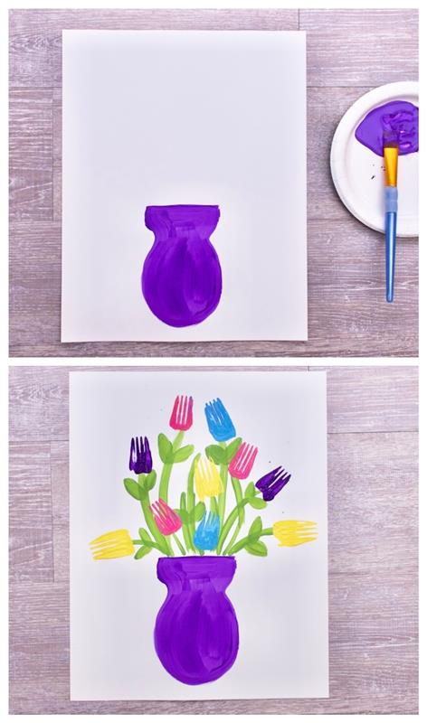 originalių vaikų dailės dirbtuvių tapybos pavyzdys vaikui idėja vazos gėlės tapyboje ir spalvingi šakių atspaudai