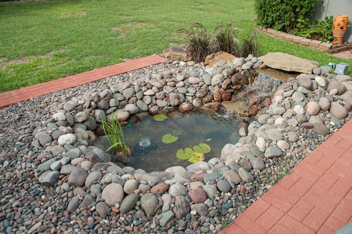 bir evin arka bahçesinde taşlarla çevrili sığ bir süs havuzu örneği
