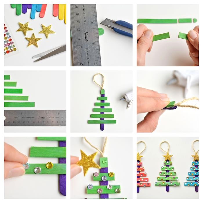 Kalėdų „pasidaryk pats“ pavyzdys darželyje, Kalėdų eglutė, pagaminta iš spalvotų ledų lazdelių ir papuošta įvairių spalvų cirkoniais ir blizgančia žvaigžde viršuje