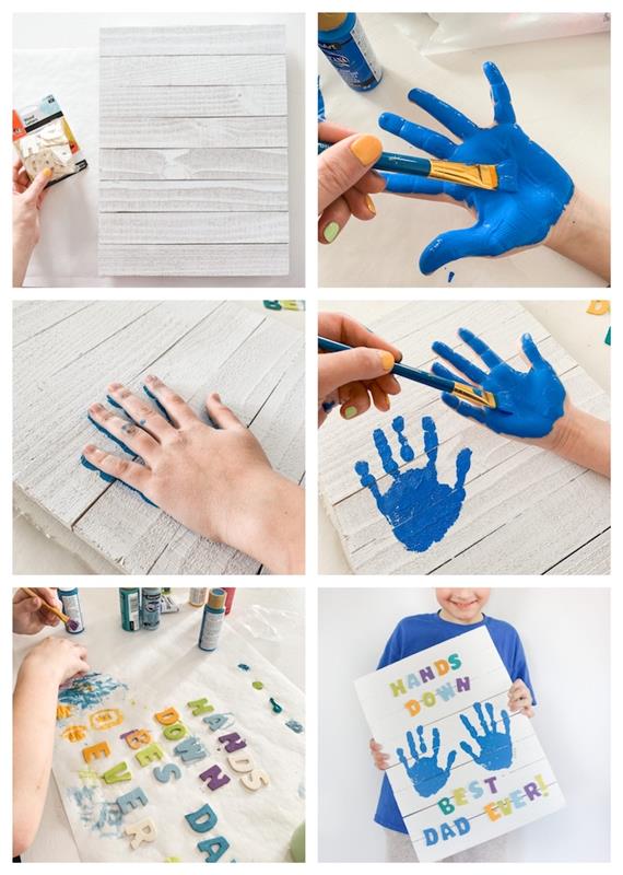 ahşap çıtalı tahta üzerinde mavi boya ve renkli harflerle el baskıları ile kolay babalar günü DIY örneği