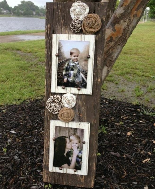 mamos dienos dovanos idėjos pavyzdys-senovinis-medinis-nuotraukų rėmelis-ant-naudotos-medinės lentos-nuotrauka-mama ir jos sūnus