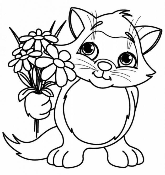 luštna risba mačk, stran za barvanje mačk s šopkom rož v tački, izvirna črno -bela risba
