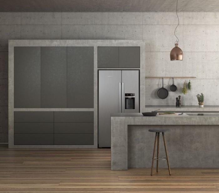 modern mutfak duvar kaplama seçenekleri, endüstriyel tarzda beton duvarlı iç tasarım, adalı mutfak modeli