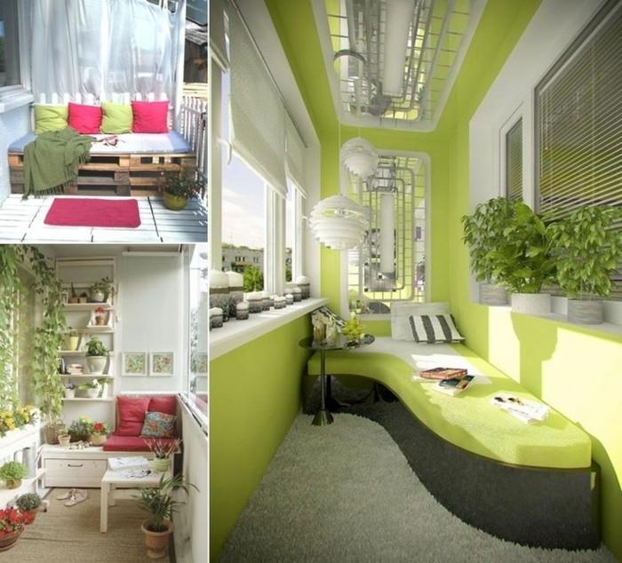 oblikovalska terasa s kavčem in stenami v zeleni barvi pistacije, kavč v paleti in vlanc lesu, okrasne blazine, cvetlični okras