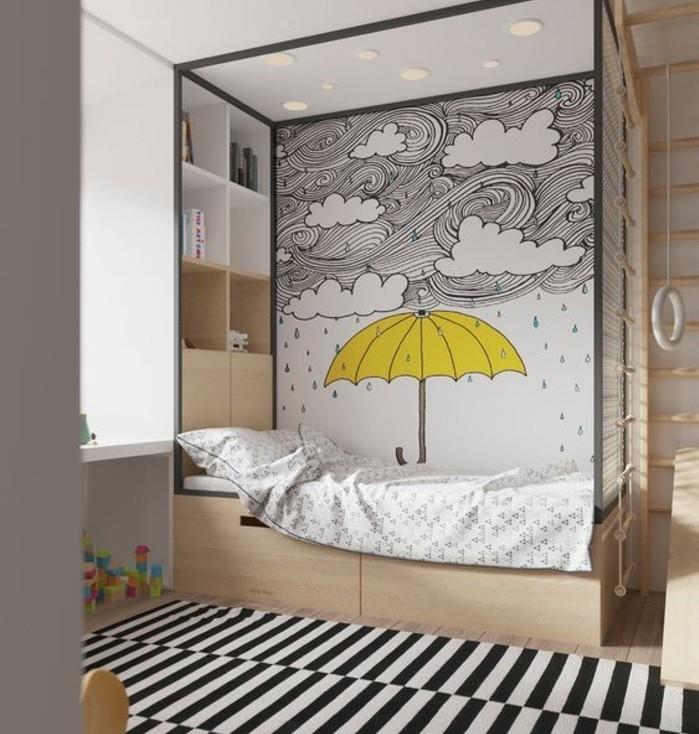 skandinaviško apdailos-medinės lovos su nupiešta siena apdaila-lietingo kraštovaizdžio saugykla-kilimas su juostelėmis pavyzdys