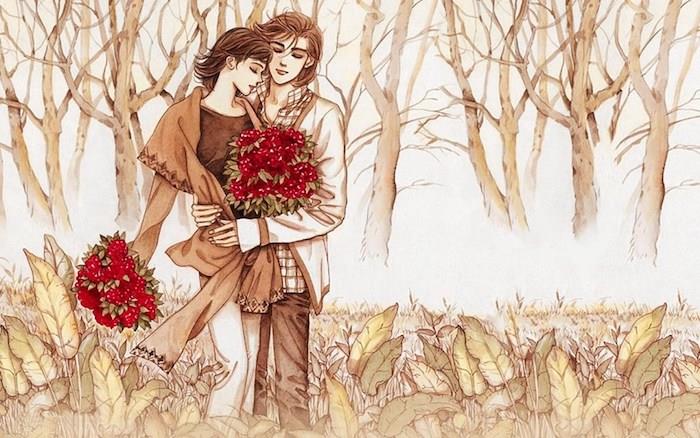 Büyülü bir ormanın çizimi, kırmızı çiçek buketleri tutan kadın ve erkek arasında sarılmak, kahverengi renkte çizim