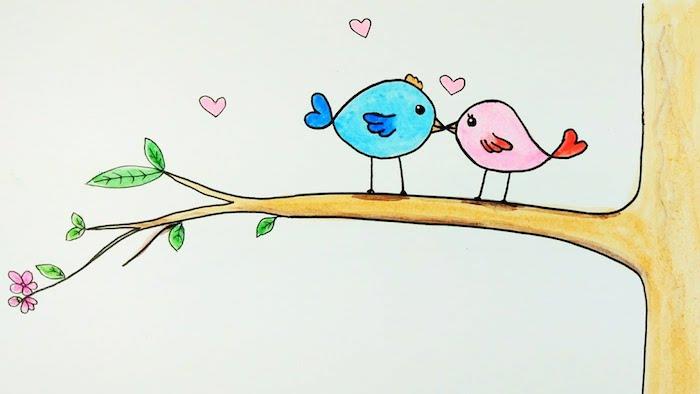 bir ağaç dalına tünemiş dişi ve erkek kuşların çizimi, aşık kuşlar, pembe kalpler ve küçük çiçekler