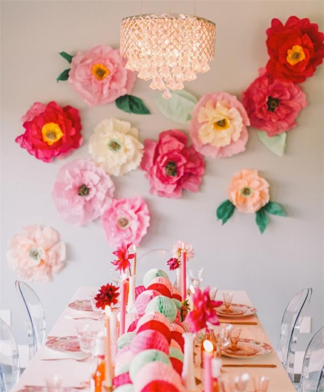 kağıttan çiçek nasıl yapılır, büyük kağıt mendil çiçek duvar dekorasyon fikri, renkli ponpon toplarından oluşan ilginç bir merkeze sahip parti masası