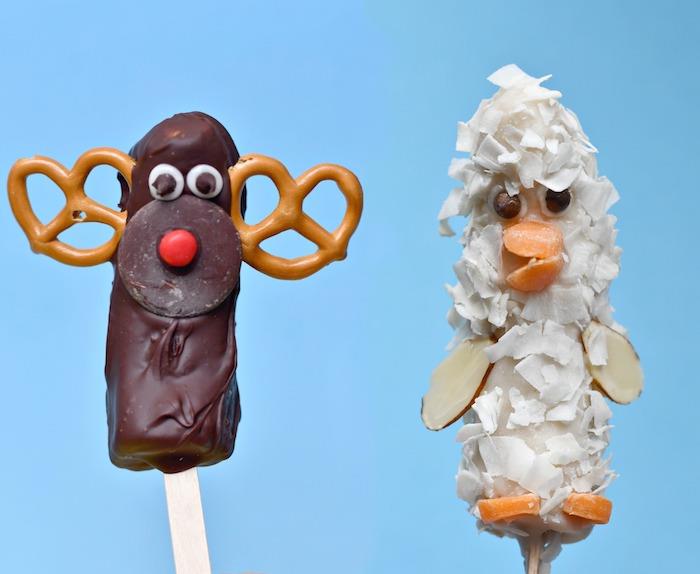 Siktir et çocuk doğum günü basit ve komik, çikolata veya rendelenmiş hindistan cevizi ördeği veya Noel Baba'nın ren geyiği deseni ile kaplı muzlar