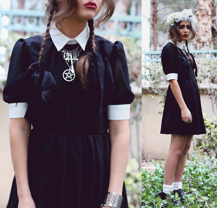 beyaz yakalı ve kollu siyah elbise, wicca kolye, kızın örgülü saçları ve beyaz çiçek tacı, koyu makyaj