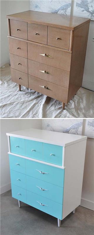 pohištvo prenovljeno pred tem, leseni predalnik prebarvan v belo in modro sprednjo stran s starinskimi ročaji