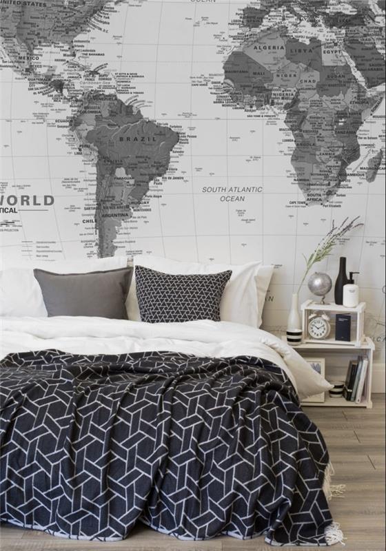 yatak odası goblen fikri, grafik stili, coğrafi dünya haritası, gri ve beyaz nevresim ve geometrik desenli battaniye