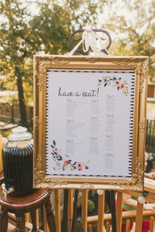stalo plano pavyzdys spausdinti paprastai ir estetiškai, sąrašas aukso rėmuose vestuvėms lauke