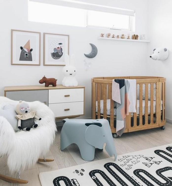 skandinaviško dekoravimo pavyzdys vaikų kambaryje-apvalus-medinis-kūdikio lova ant ratukų-skandinaviškas supamasis kėdės žaislas