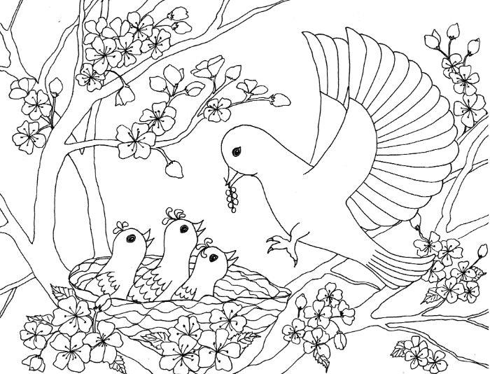 risba ptičjega gnezda in majhni ptički, ki sedijo na cvetoči veji, preprosta spomladanska risba živali