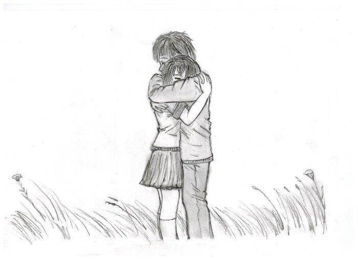 beyaz arka plan ve çimenler üzerinde siyah beyaz kız ve erkek arasında sarılmak, orijinal çizim sonsuz aşk