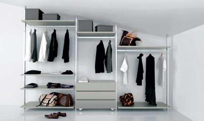 gömme dolap örneği, modüler bir mobilya parçası, açık gardırop, raflar ve çekmeceler, kıyafet düzenleme fikri