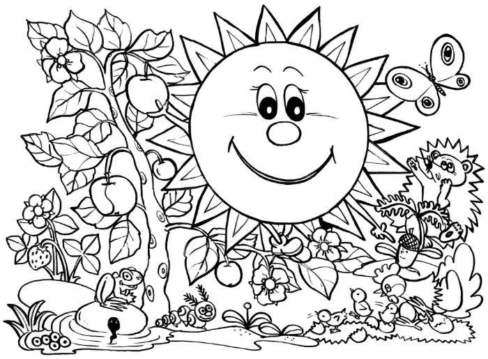 risanje gozdne pokrajine, sonca, rastlin in malih živali, spomladanske risbe za otroke