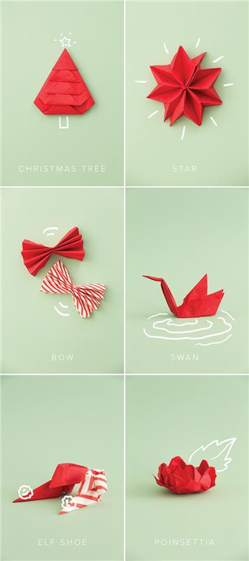 lengva Kalėdų servetėlių sulankstymo idėja, pavyzdys, kaip sulankstyti eglutės formos raudoną popierinę servetėlę, žvaigždėtą, peteliškę, kraną, gėlę, elfo batą