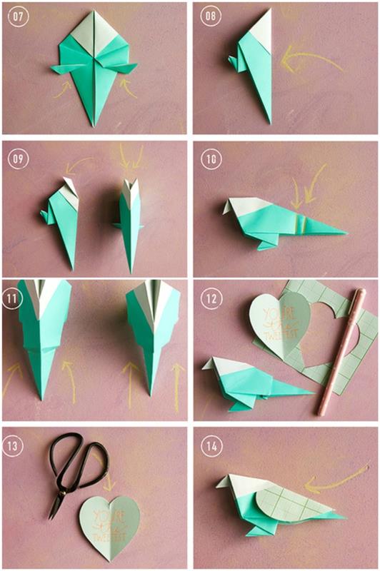 sevgililer günü için kendin yap kağıdı fikri, tatlı bir kelime taşıyan bir kuş yapmak için origami öğreticisi