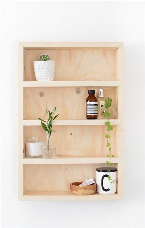 Padaryti mažos lentynos vonios kambario „pasidaryk pats“ projektą lengvą medžio lentos žalią augalų interjerą