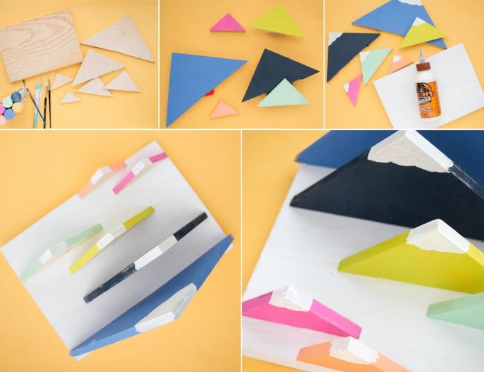 DIY nesnelerle ofis dekorasyonu fikri, örneğin renkli ahşap plakalarda kağıt düzenleyici nasıl yapılır