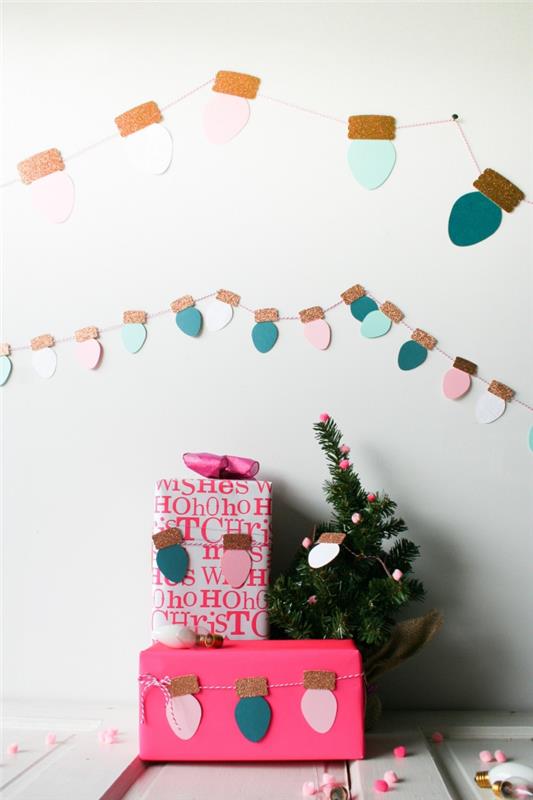 Bir ampul çelenkini taklit eden pastel renkli kağıttan güzel Noel çelengi, kağıttan Noel süsleri yapın